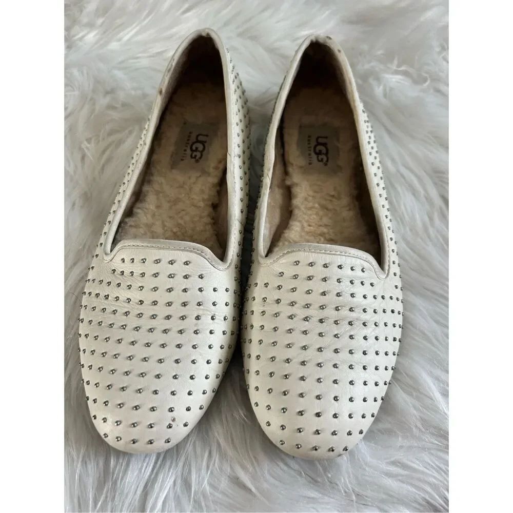 UGG Alloway White Leather Silver Studded Loafer Flats size 6